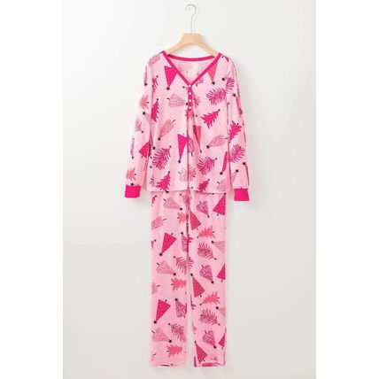 Pink Christmas Tree Print V Neck Buttoned Pullover and Drawstring Pants Lounge S