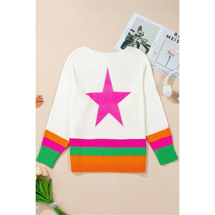 White Star Pattern Colorblock Striped Edge Drop Shoulder Sweater