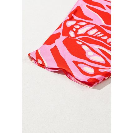 Red Abstract Print V Neck Batwing Sleeve Oversized Blouse