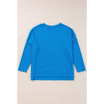 Blue Ribbed Exposed Seam Knit V Neck Long Sleeve Top