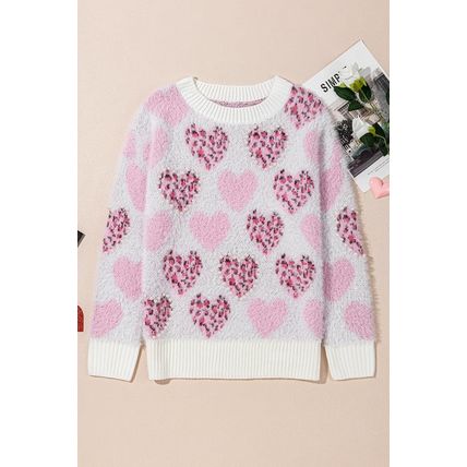 Pink Heart Leopard Print Pearled Ribbed Trim Fuzzy Sweater
