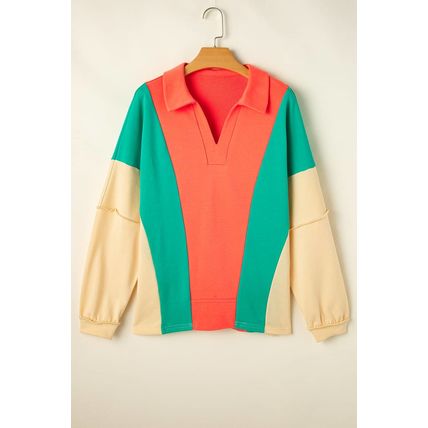 Grapefruit Orange Color Block Patchwork Collared V Neck Loose Top