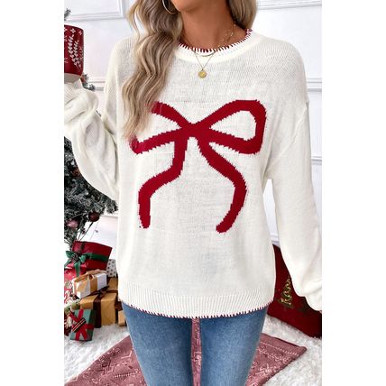 White Bow Pattern Contrast Trim Christmas Loose Graphic Sweater