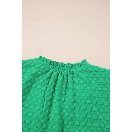 Bright Green Textured Puff Short Sleeve Notched V Neck Top