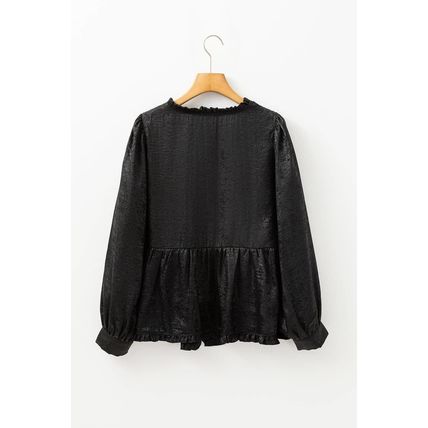Black Metallic Frilled V Neck Puff Sleeve Babydoll Blouse