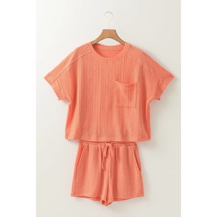 Pale Chestnut Textured Patched Pocket Short Sleeve Top Drawstring Shorts Set