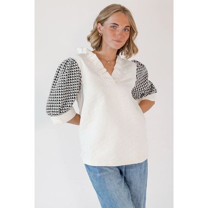 White Geometric Textured Short Sleeve Frilly V Neck Blouse