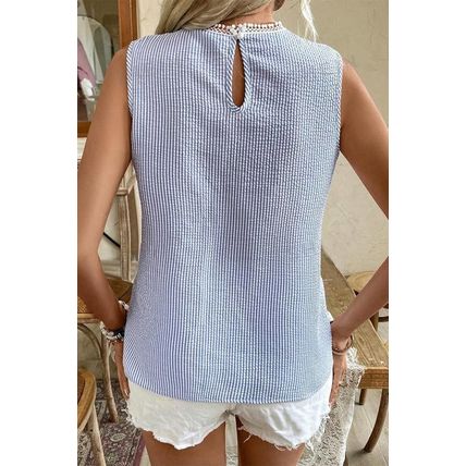 Sky Blue Stripe Lace Patchwork Crew Neck Tank Top