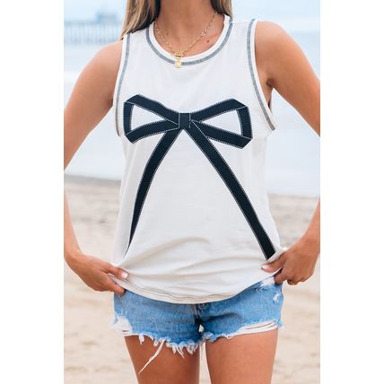 White Sweet Bow Stitching Trim Sleeveless Top