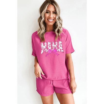 Rose Red Waffle Sequin Floral MAMA Bow Graphic Tee Shorts Set