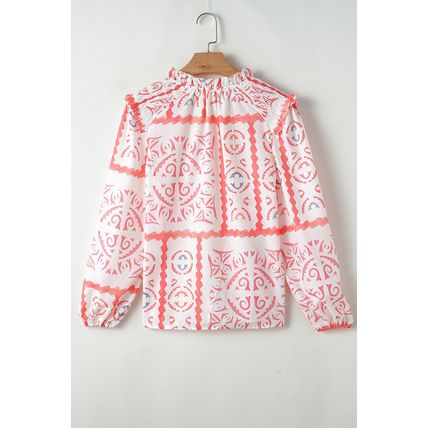 Desert Flower Vintage Print Smocked Poet Collar Billowy Blouson Sleeves Blouse