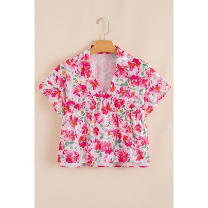 Pink Floral Boxy Fit Ruffled Short Sleeve V Neck Blouse