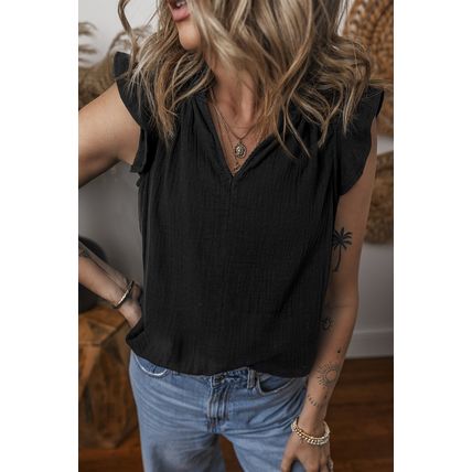 Black Ruffled Shoulder V Neck Shift Tank Top