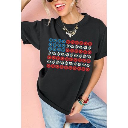 Black Cute Flowers Make Up American Flag Trendy Graphic T Shirt