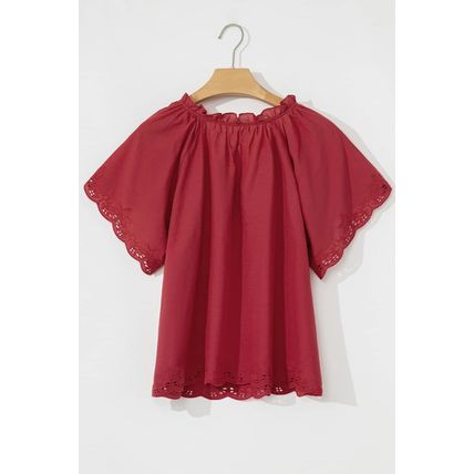 Red Dahlia Floral Embroidered Scallop Trim Short Sleeve V Neck Blouse