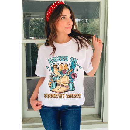 White RAISED ON COUNTRY MUSIC Western Graphic Tee