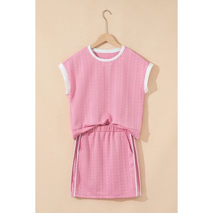 Pink Contrast Trim Textured Crewneck Tee and Pocketed Skirt Set