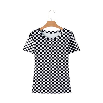 Black Checkered Ribbed Slim Fit Crew Neck T Shirt