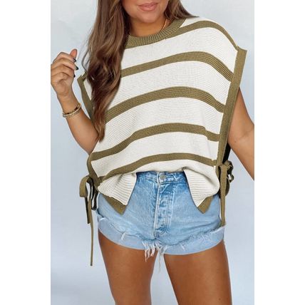 Khaki Stripe Tie Open Side Sweater Knitted Top