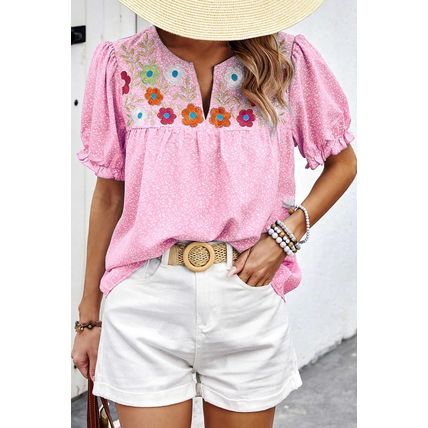 Pink Floral Embroidered Puff Sleeve Notched V Neck Blouse