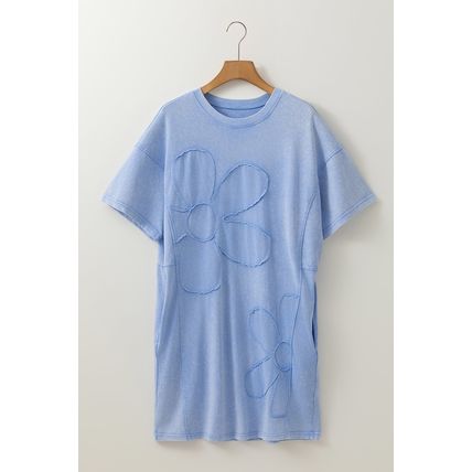 Sky Blue Mineral Wash Flower Patchwork Mini T Shirt Dress