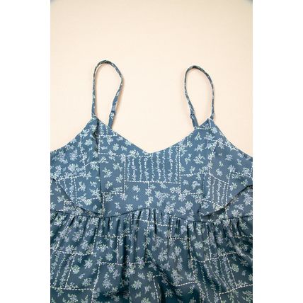 Blue Spaghetti Straps Floral Print Knot Detail High Waist Flared Dress