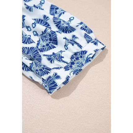 Sky Blue Geometric Print Tassel Drawstring V Neck Blouse