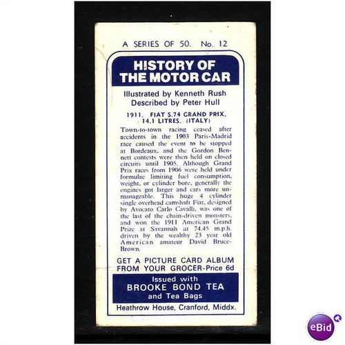 Brook Bond History of the Motor Car No 12 1911 FIAT GRAND PRIX Fine Mint