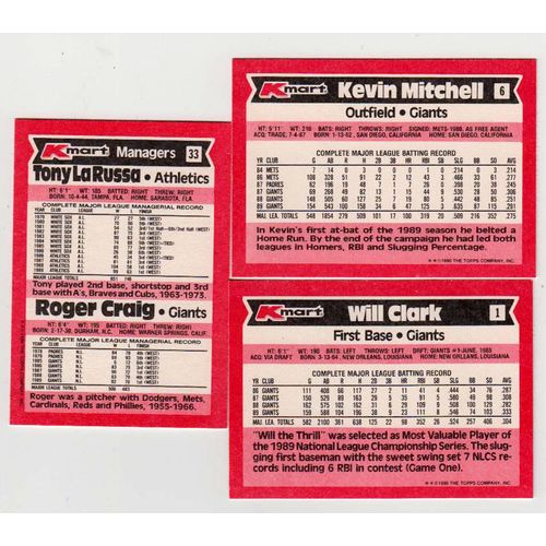 THREE 1990 Topps Kmart SuperStars Giants cards- #1 Clark #6 Mitchell #33 Craig