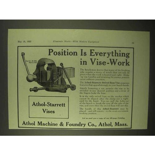 1922 Athol-Starrett Vises Ad - Position is Everything
