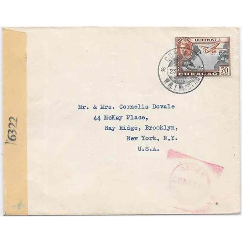 Dutch West Indies, Curacao CENSORED 1944 Air Mail to NY USA