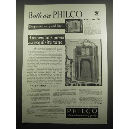 1933 Philco Model 54C and 16X Radios Advertisement - Both are Philco