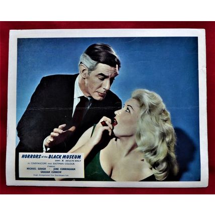HORRORS OF THE BLACK MUSEUM (1988) original UK FOH card (2) ***Michael Gough***