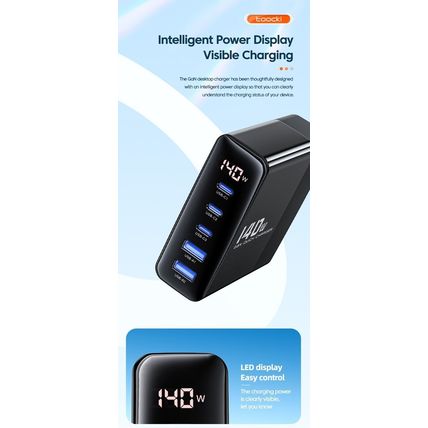 Toocki 140W GaN USB Charger Desktop Charging Station 5 Ports, PD Type-C, UK Plug