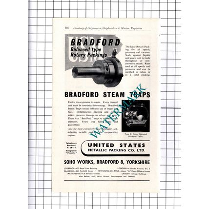United States Metallic Packing Bradford / Marinite Ltd London ADVERT - c.1957