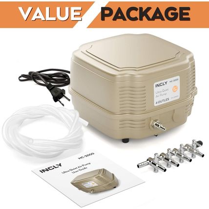INCLY 7W Ultra Silent Aquarium Air Pump - 245 Gallon/Hr, 4 Adjustable Outlets -