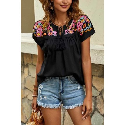 Black Geometric Floret Embroidered Short Sleeve Blouse