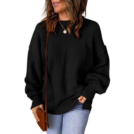 Black Solid Color Puffy Sleeve Pocketed Sweater