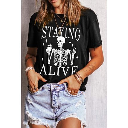 Black STAYING ALIVE Funny Skeleton Print Round Neck T Shirt