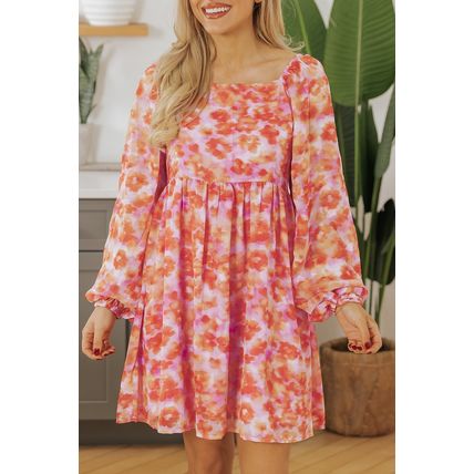 Rose Floral Print Square Neck High Waist Mini Dress