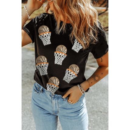 Black Sequin Basketball Patched Graphic Game Day T Shirt