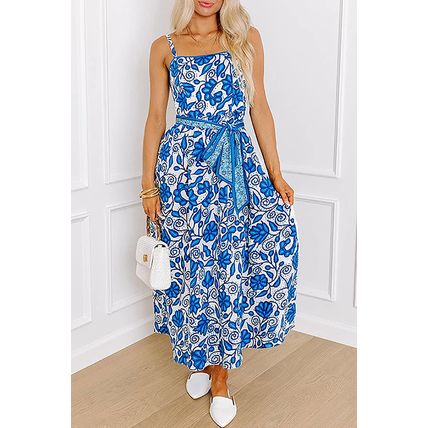 Blue Floral Printed Spaghetti Strap Maxi Dress with Waist Tie