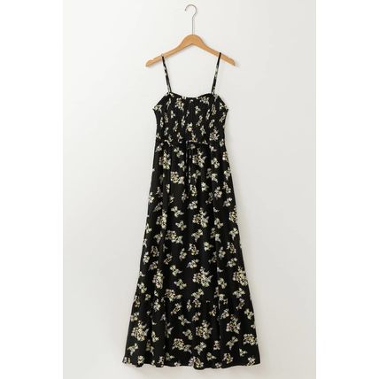 Black Floral Spaghetti Strap Shirred Bodice Tied Empire Waist Maxi Dress