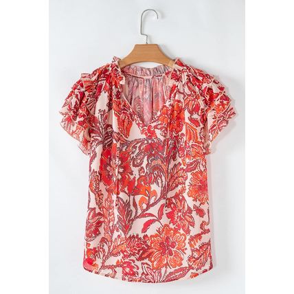 Red Vintage Floral Ruffle Sleeve V Neck Blouse