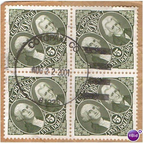 UNITED STATES USA 1994 BLOCK OF 4 $5 GREEN PRESIDENTS WASHINGTON & JACKSON VFU