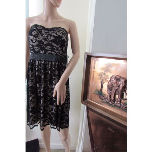 Mela Loves London Lace Black Strapless Empire Bandeau Dress 14 Black/Nude