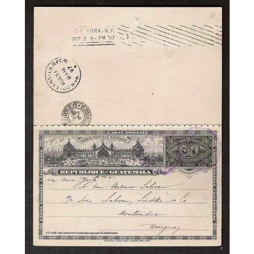 Guatemala #PC12 REPLY UPU Postal Card to Uruguay 1897 Reply Attached