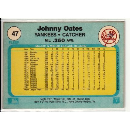 1982 Fleer baseball card 47 Johnny Oates- Yankees