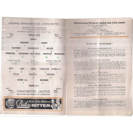 WOLVERHAMPTON v MANCHESTER UNITED football programmes March, 6th 1965. F A Cup =