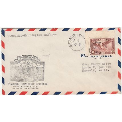 CANADA cover Rimouski, Que, 17 Dec 1936 - Backstamped Harrington Harbour, Que.